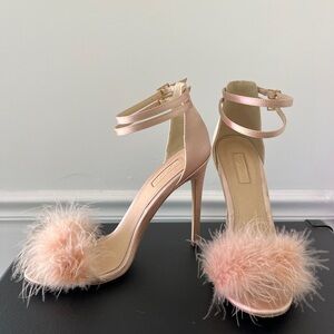 ‘Reese’ Satin Baby Pink Puff Ostrich Feather Heels